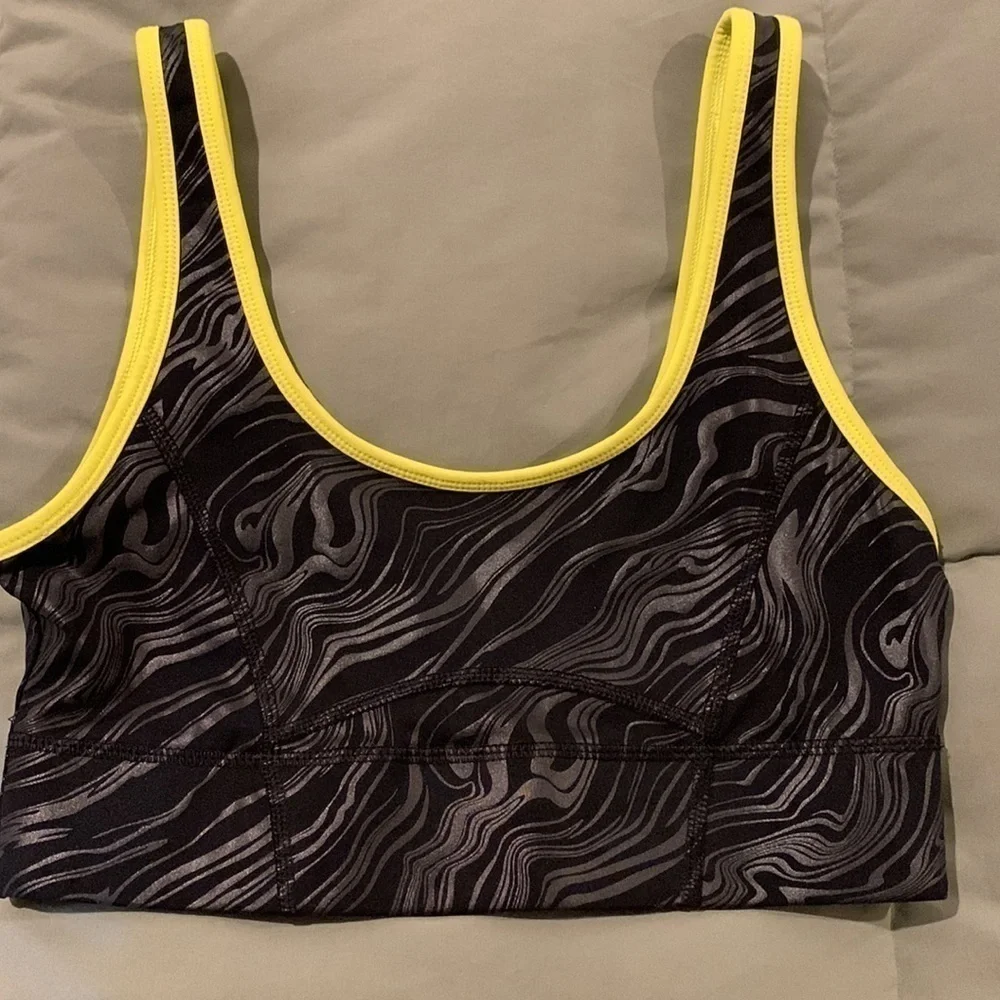 Fabletics Womens Sports Bra. Gray&Black with Bright Yellow Trim/Reverse Black.